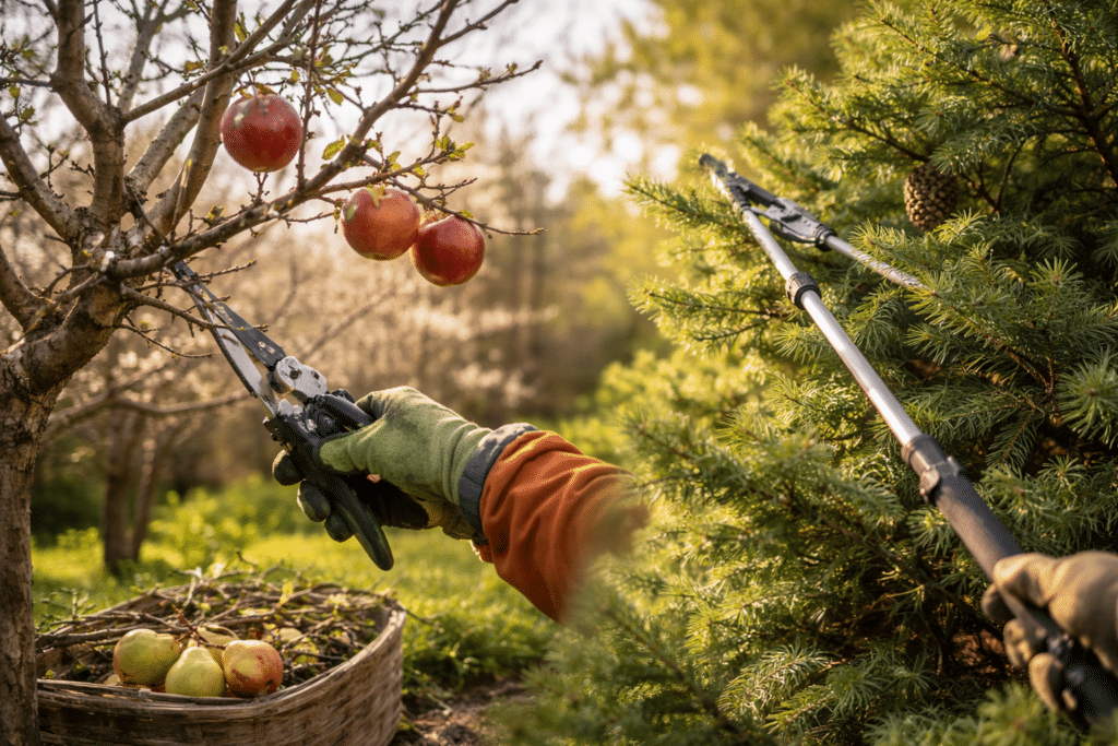 Taille d'un pommier avec un sécateur, pommes rouges et panier de poires au soleil couchant.
