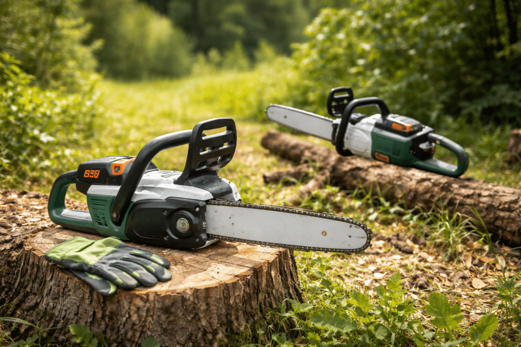 Tronçonneuse à batterie 63V sur souche avec gants et deuxième scie en arrière-plan dans une forêt ensoleillée.